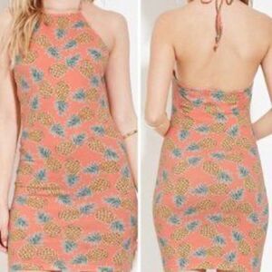 EUC Forever 21 Orange Pineapple Print Halter Mini Dress XS
